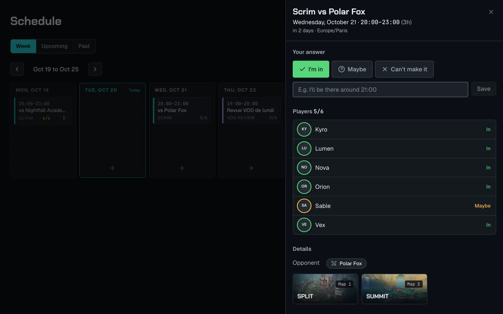 A scrim in the Staq schedule: date and time in the team's time zone, who answered, the maps