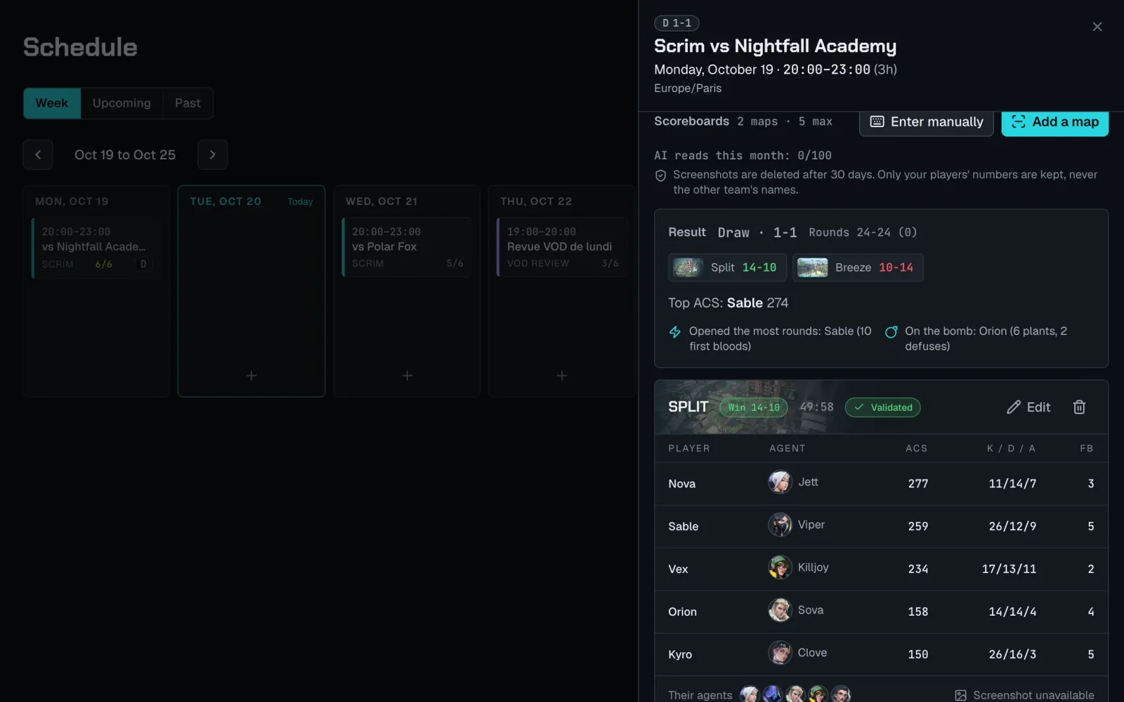 A scrim's scoreboard read in Staq: each player's agent, score, kills, deaths, assists and first bloods, with the map result