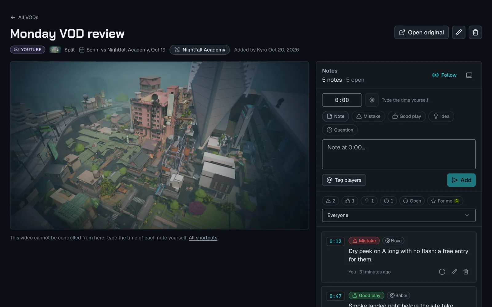 A VOD review in Staq: the video on the left, timestamped notes with a type and tagged players on the right